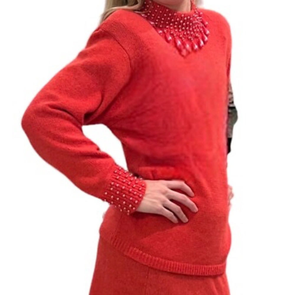 Madeleine Red Lambswool Angora Beaded Knit Sweater Italy Women Medium